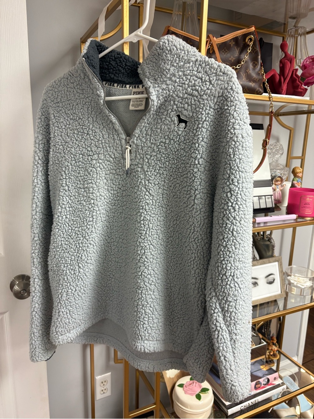 Pink Light Gray Sherpa Half-Zip Pullover Sweater
